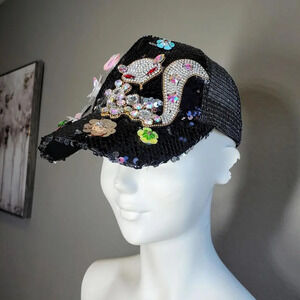 Boutique Women's Sparkle Bling Rhinestone Black Fox Adjustable Baseball Hat Cap